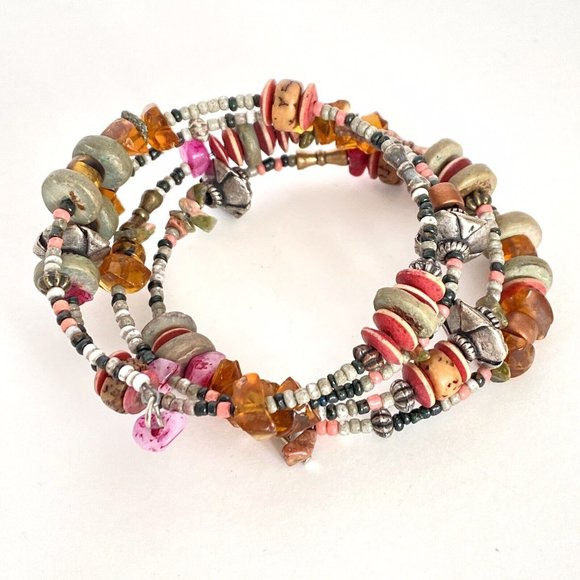 Boho Amber Gemstones Hill Tribe Silver Beads 4-Strand Memory Wire Bracelet 6.5” - Picture 1 of 4